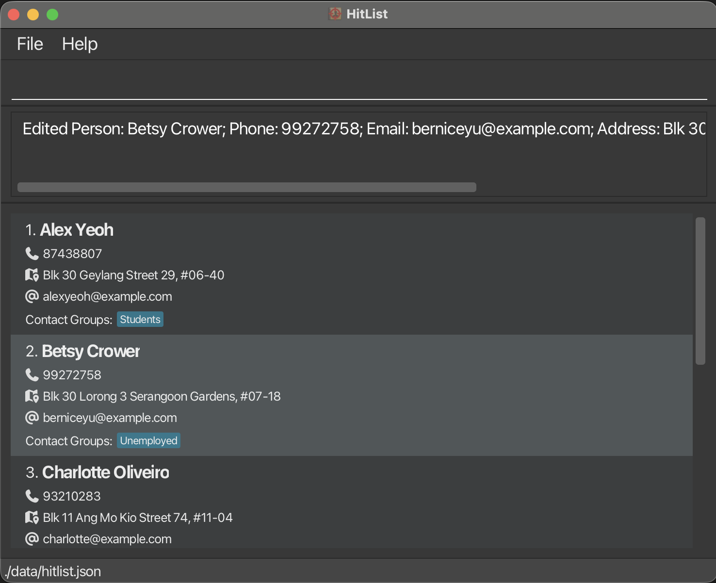Edit 2nd Contact Name to Betsy Crowe in HitList