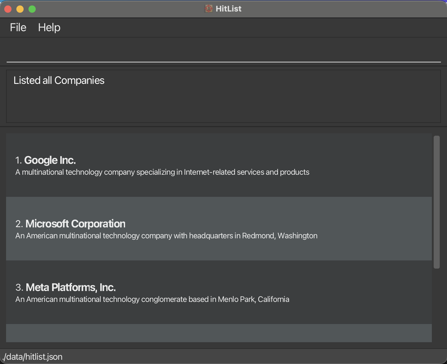 List all companies in HitList