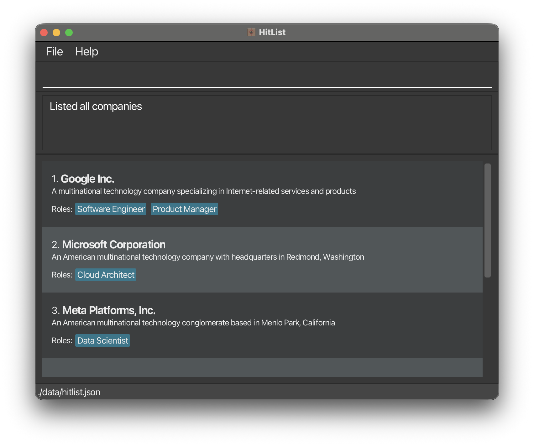 List all companies in HitList
